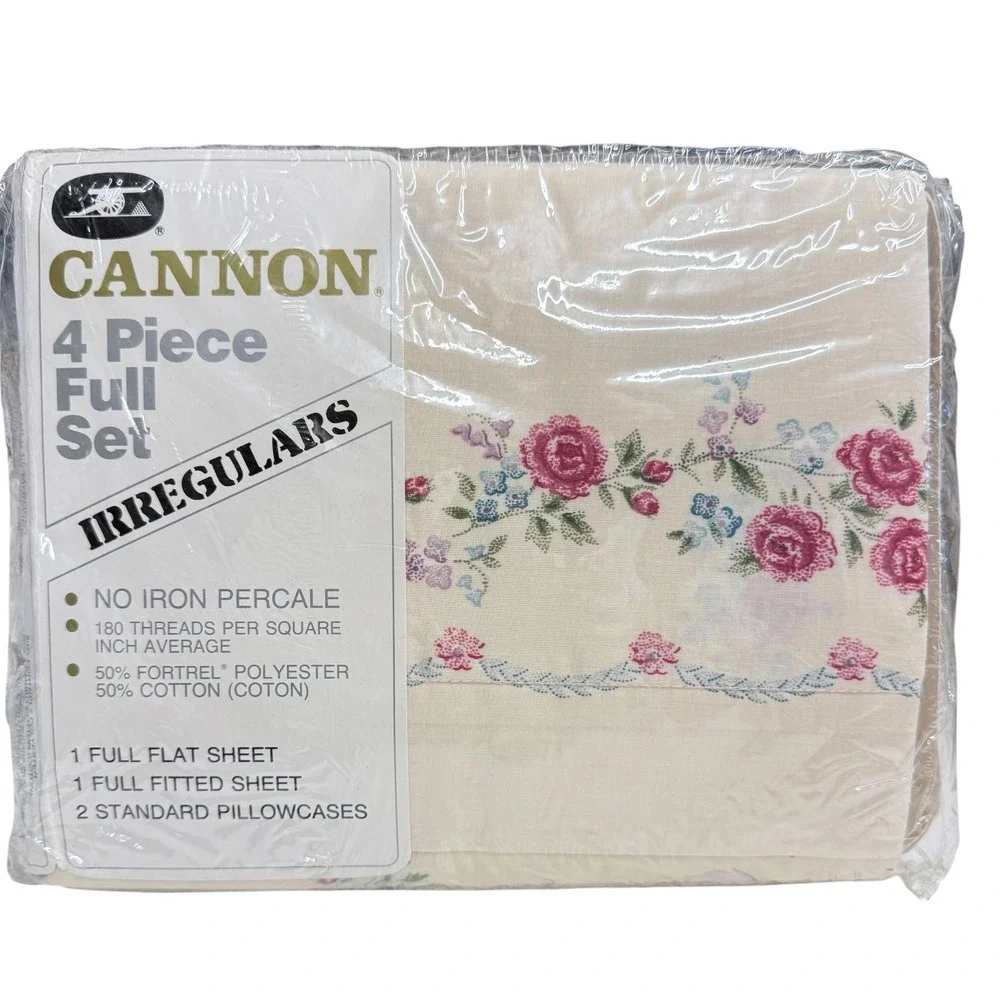New Cannon Sheet Set Full Cream Floral Rose 4pc Percale Vintage Irregular USA